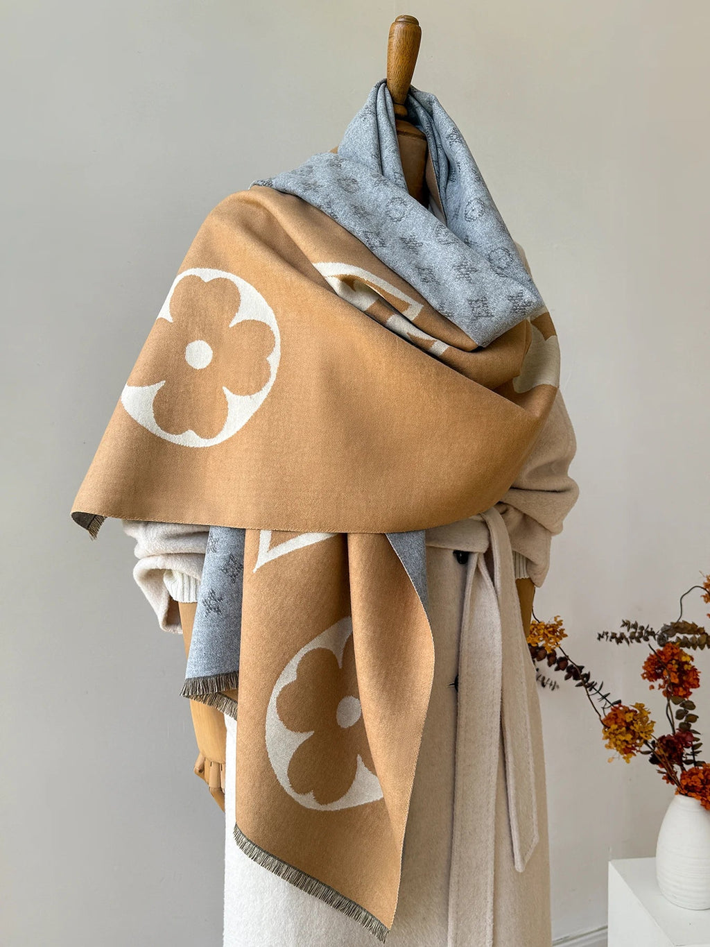 Wintersjaal met Jacquardpatroon – Zachte Grote Omslagsjaal & Omslagdoek, 175 cm, Unisex, 3 Kleuren | Hommes Camel