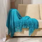 Grof Gebreide Plaid met Franjes – Zachte Acryl Chunky Knit Deken voor Bank & Bed, 12 Kleuren, 2 Maten Saffierblauw
