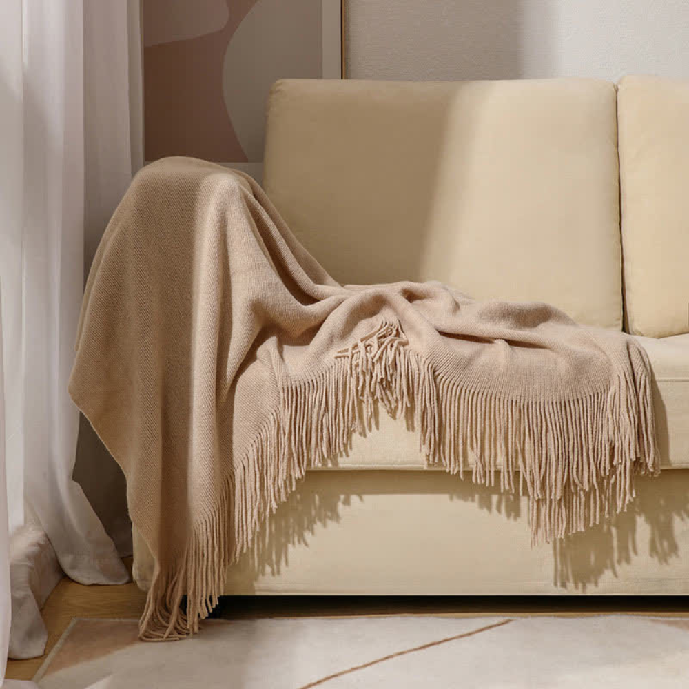 Grof Gebreide Plaid met Franjes – Zachte Acryl Chunky Knit Deken voor Bank & Bed, 12 Kleuren, 2 Maten Beige