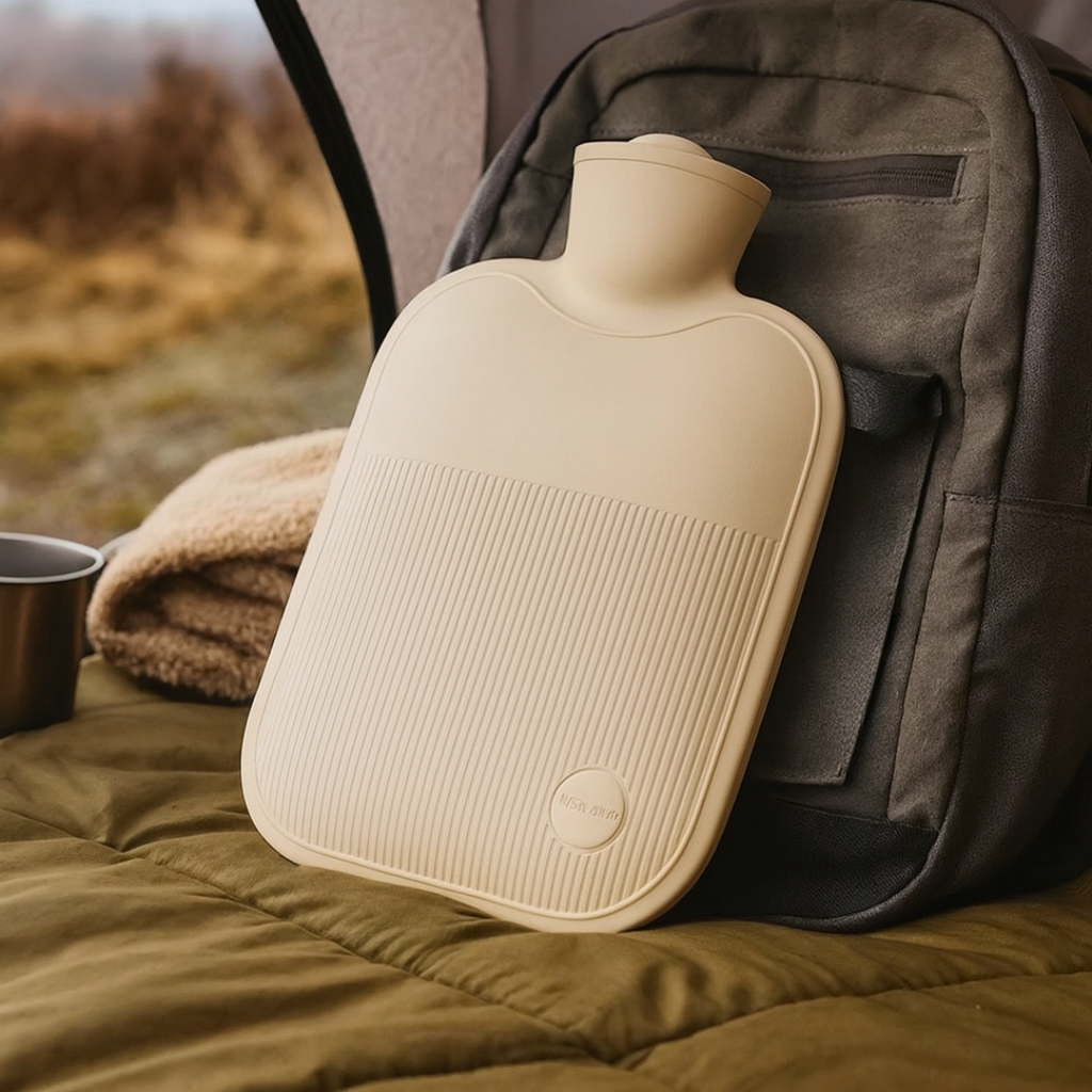 Grote Warmwaterkruik 2 Liter met Zachte Fleece Hoes – Lekvrije Sluiting, Warmte voor Voeten, Handen & Rug, 4 Kleuren Naturel
