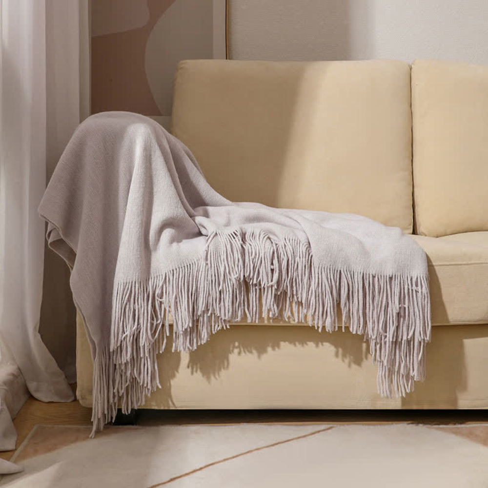 Grof Gebreide Plaid met Franjes – Zachte Acryl Chunky Knit Deken voor Bank & Bed, 12 Kleuren, 2 Maten Lichtgrijs