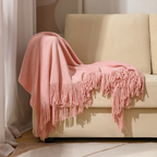 Grof Gebreide Plaid met Franjes – Zachte Acryl Chunky Knit Deken voor Bank & Bed, 12 Kleuren, 2 Maten Roze