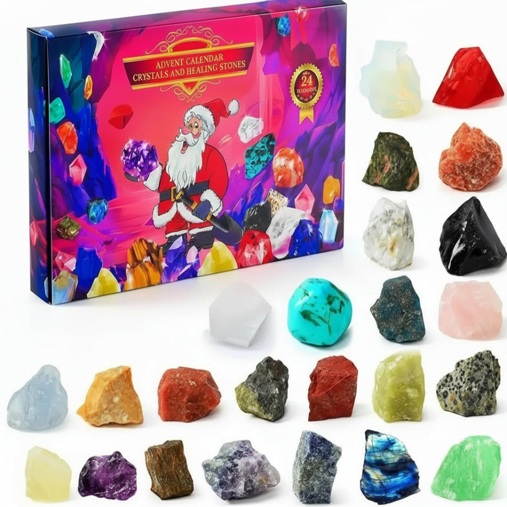 Edelstenen Adventskalender – 24 Natuurlijke Kristallen & Stenen om af te Tellen naar Kerst, Stenenverzamelaar Cadeau, 2 Varianten Variant A