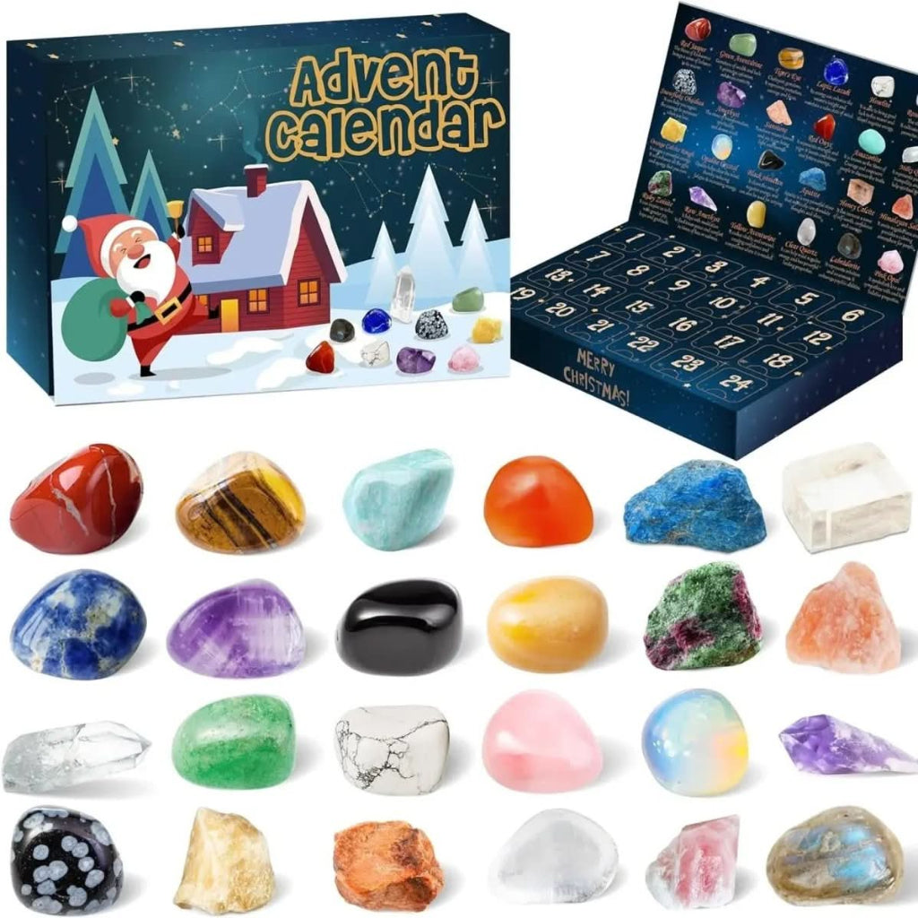 Edelstenen Adventskalender – 24 Natuurlijke Kristallen & Stenen om af te Tellen naar Kerst, Stenenverzamelaar Cadeau, 2 Varianten