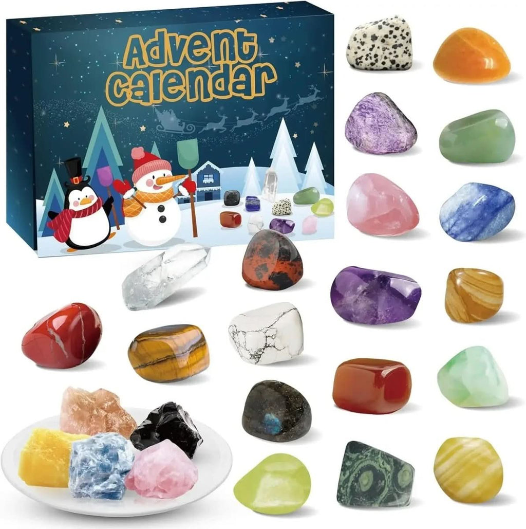 Edelstenen Adventskalender – 24 Natuurlijke Kristallen & Stenen om af te Tellen naar Kerst, Stenenverzamelaar Cadeau, 2 Varianten