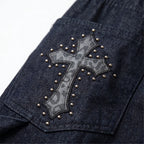 Baggy Broek met Wijde Pijpen – Wide Leg Jeans met Kruismotief & Studs op de Achterzakken, Grunge Streetwear, S–2XL – Jo