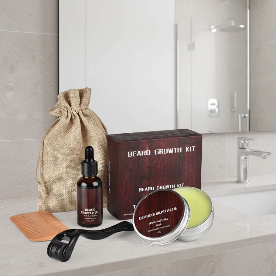 Baardverzorgingsset met Dermaroller, Baardolie, Baardbalsem & Kam – Baard Grooming Set voor Mannen, 5 Opties Starter Set voor Mannen