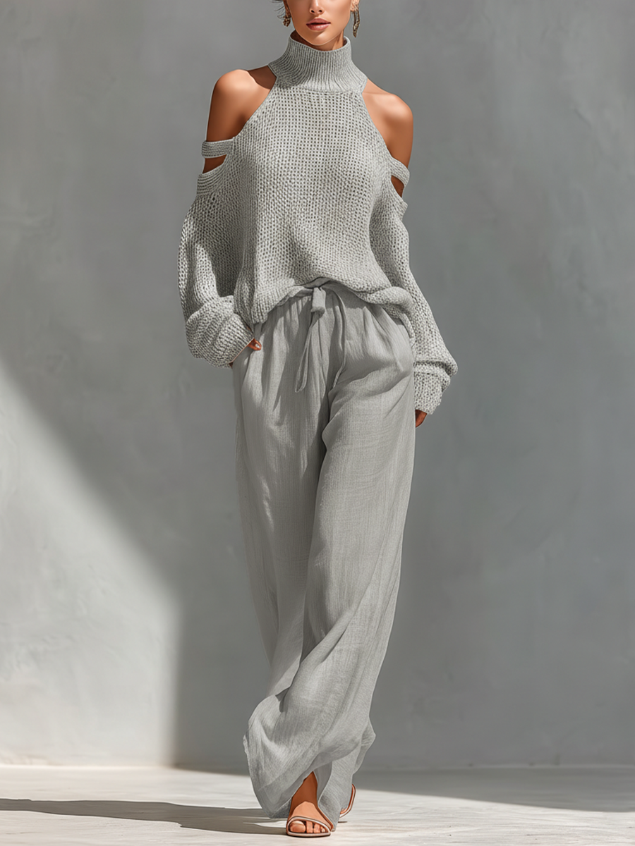 Bela | Dames Set - Gebreid, Open Schouder en Wijde Broek Grijs