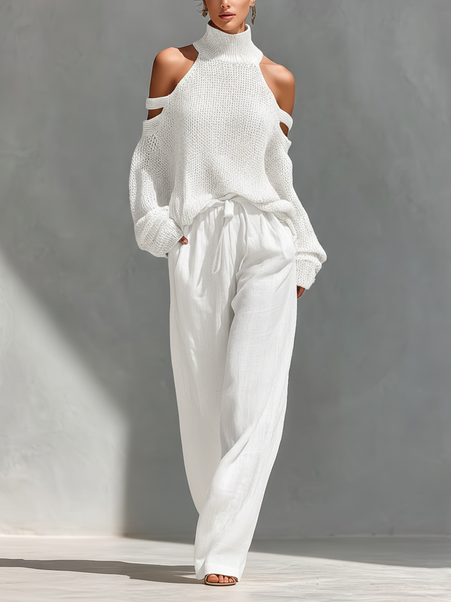 Bela | Dames Set - Gebreid, Open Schouder en Wijde Broek Wit