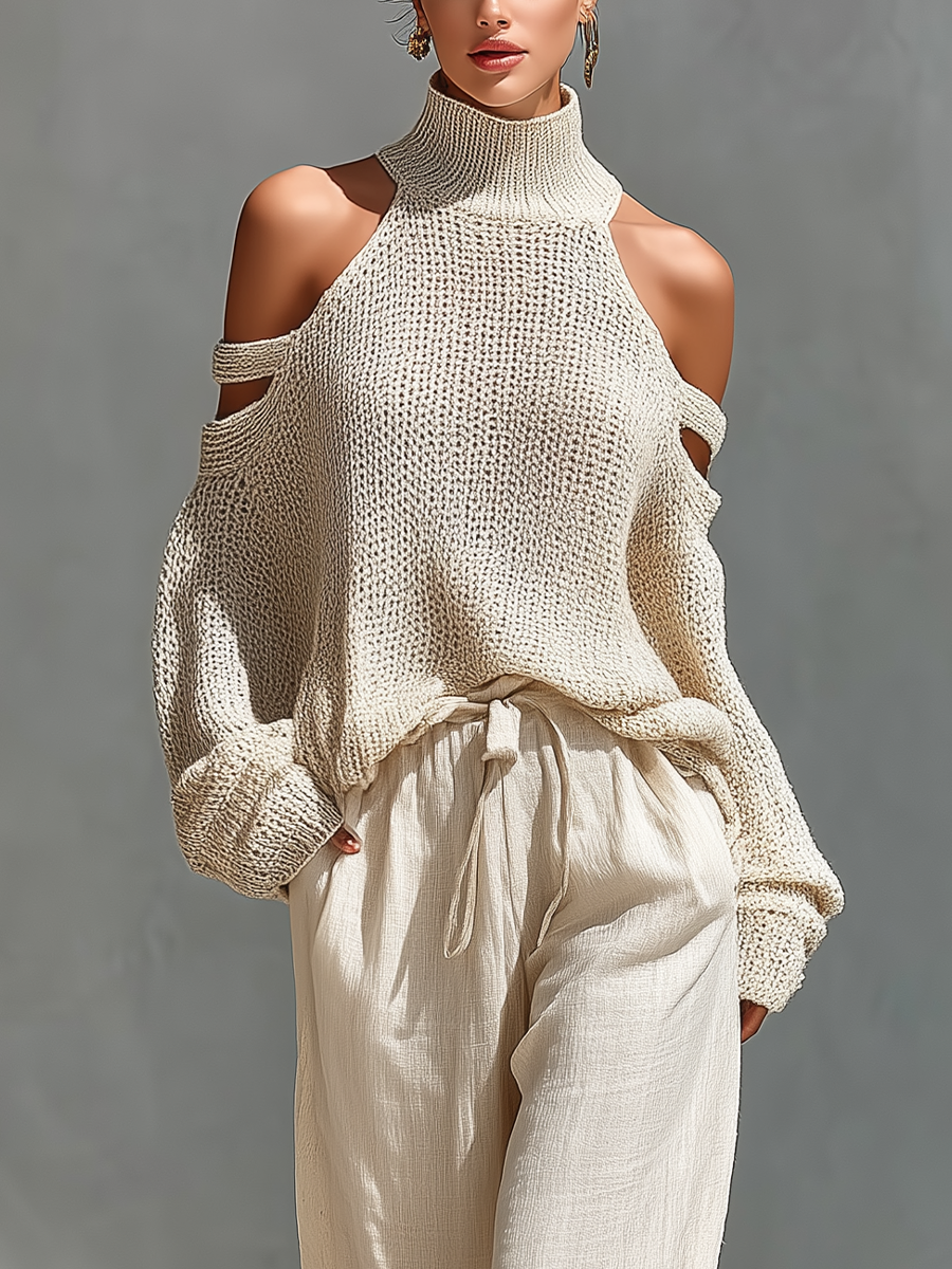 Bela | Dames Set - Gebreid, Open Schouder en Wijde Broek