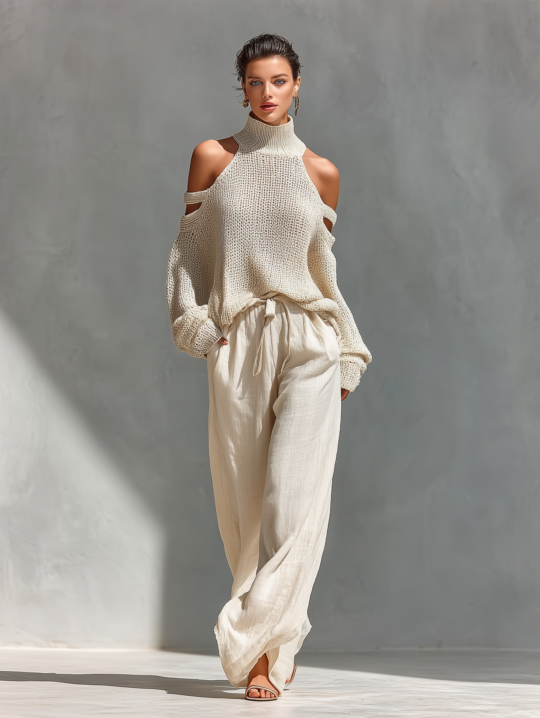 Bela | Dames Set - Gebreid, Open Schouder en Wijde Broek