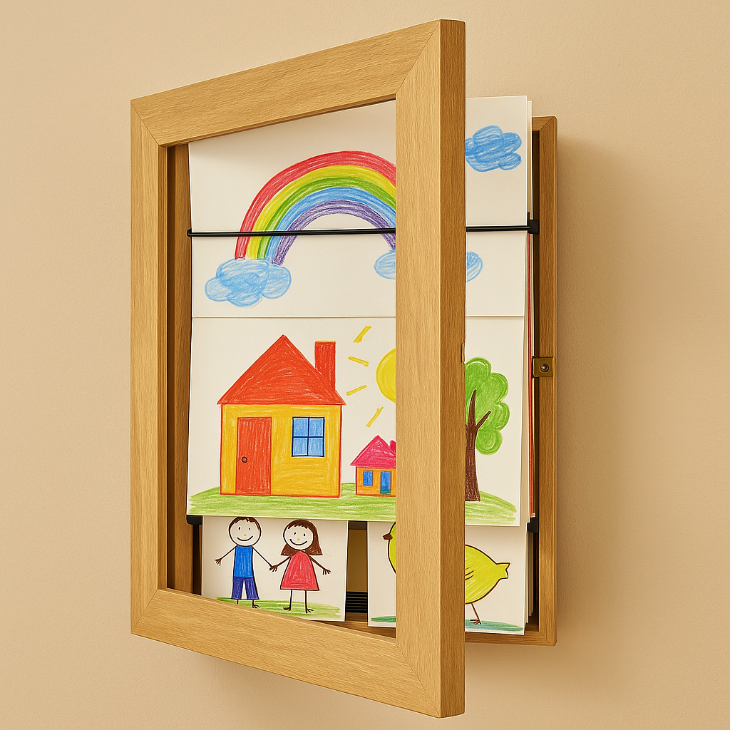 Kinderkunst Wissellijst A4 / A3 – Houten Wissellijst voor Kindertekeningen, Bewaart 150 Tekeningen, 6 Kleuren Natuurlijk Hout