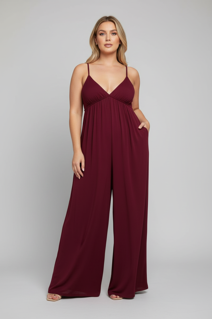 Isolde | Jumpsuit Dames - Zwart - Wijde Pijpen V-hals Wijnrood