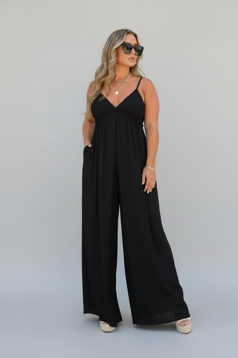 Isolde | Jumpsuit Dames - Zwart - Wijde Pijpen V-hals Zwart