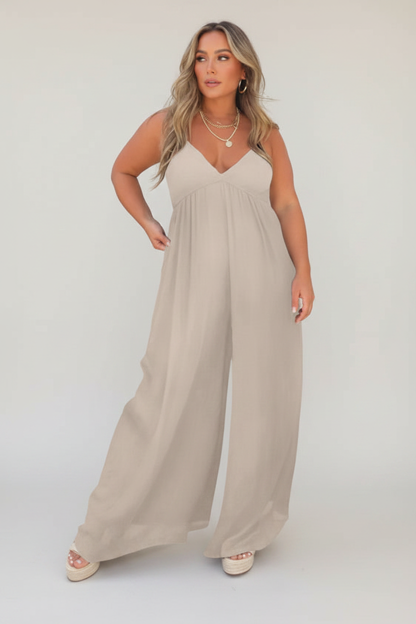 Isolde | Jumpsuit Dames - Zwart - Wijde Pijpen V-hals Beige