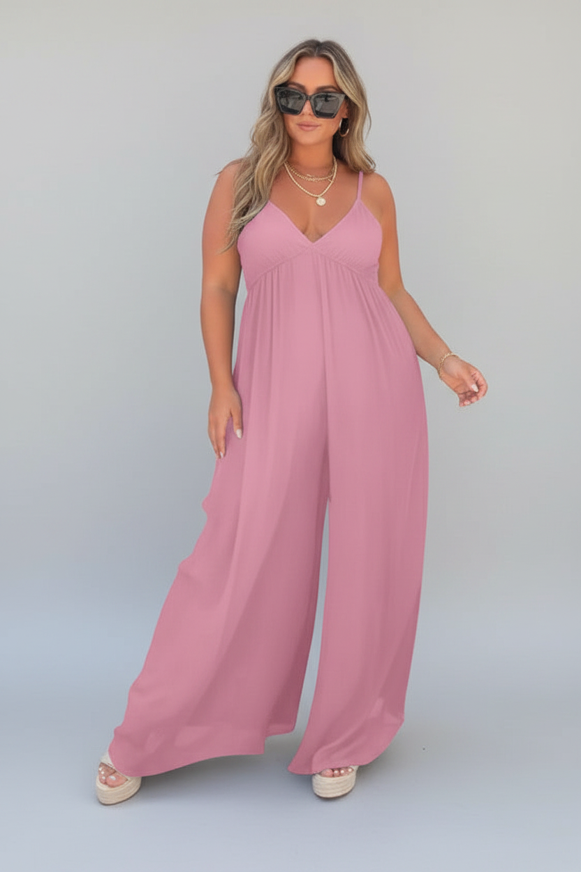 Isolde | Jumpsuit Dames - Zwart - Wijde Pijpen V-hals Roze