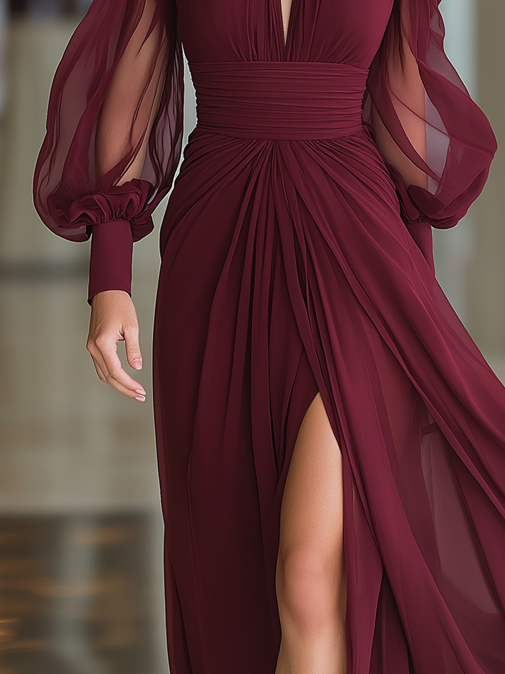 Rosa | Bordeaux Lange Jurk Dames - Chiffon, Hoge Hals met Pofmouwen
