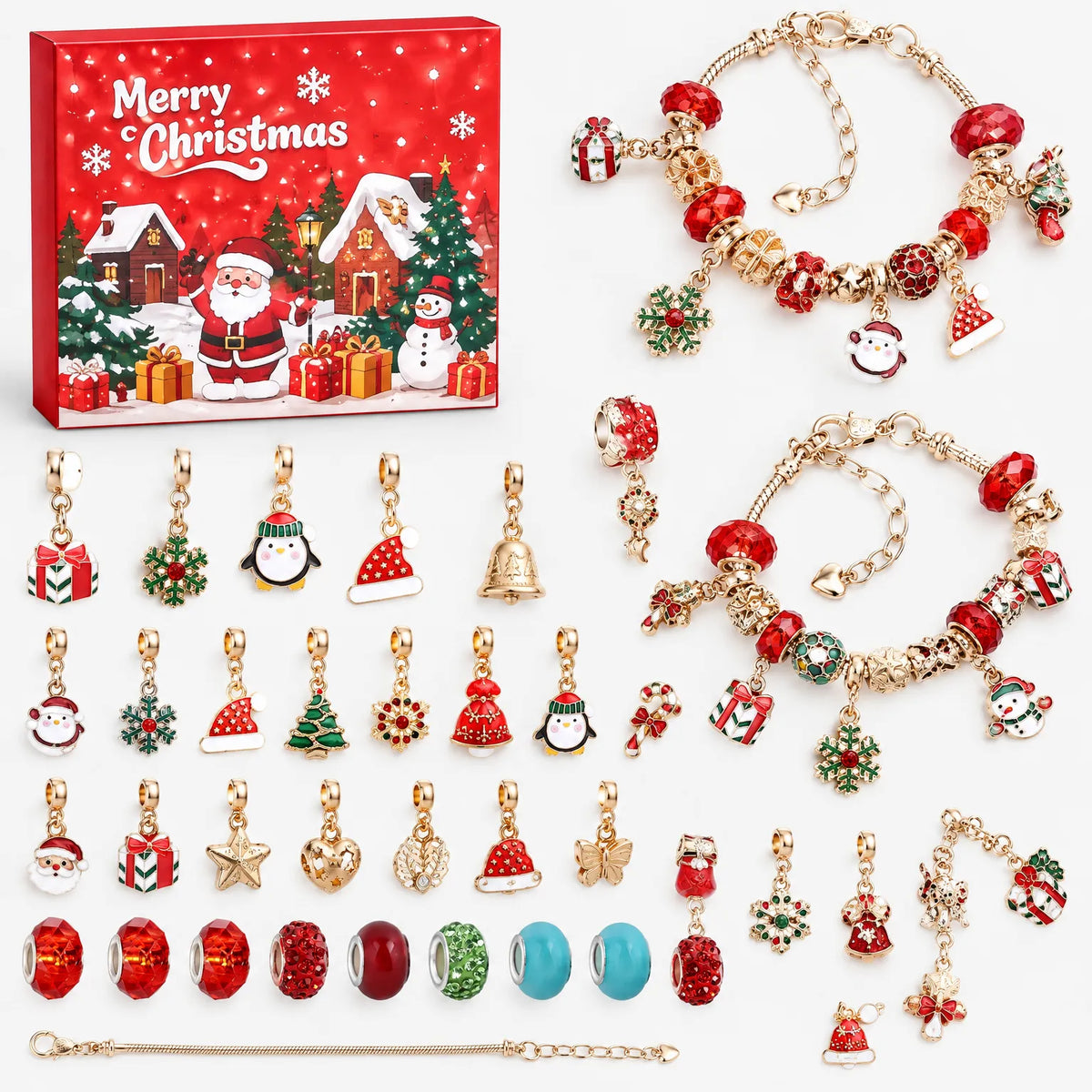 Bedelarmband Adventskalender – 2 Verzilverde Armbanden & 22 Bedels en Kralen, Sieraden Adventskalender voor Meisjes, 9 Ontwerpen Ontwerp G