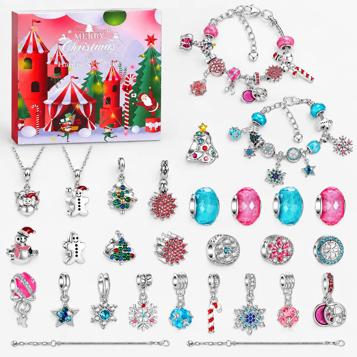 Bedelarmband Adventskalender – 2 Verzilverde Armbanden & 22 Bedels en Kralen, Sieraden Adventskalender voor Meisjes, 9 Ontwerpen Ontwerp I