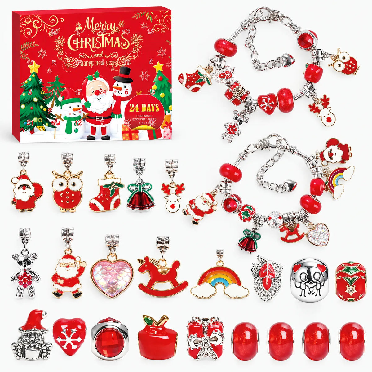 Bedelarmband Adventskalender – 2 Verzilverde Armbanden & 22 Bedels en Kralen, Sieraden Adventskalender voor Meisjes, 9 Ontwerpen Ontwerp B