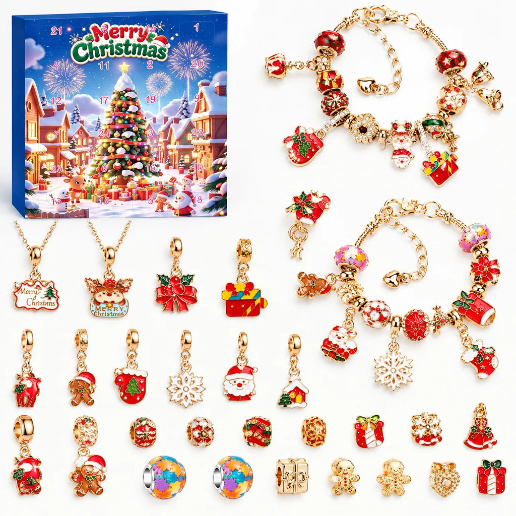 Bedelarmband Adventskalender – 2 Verzilverde Armbanden & 22 Bedels en Kralen, Sieraden Adventskalender voor Meisjes, 9 Ontwerpen Ontwerp D