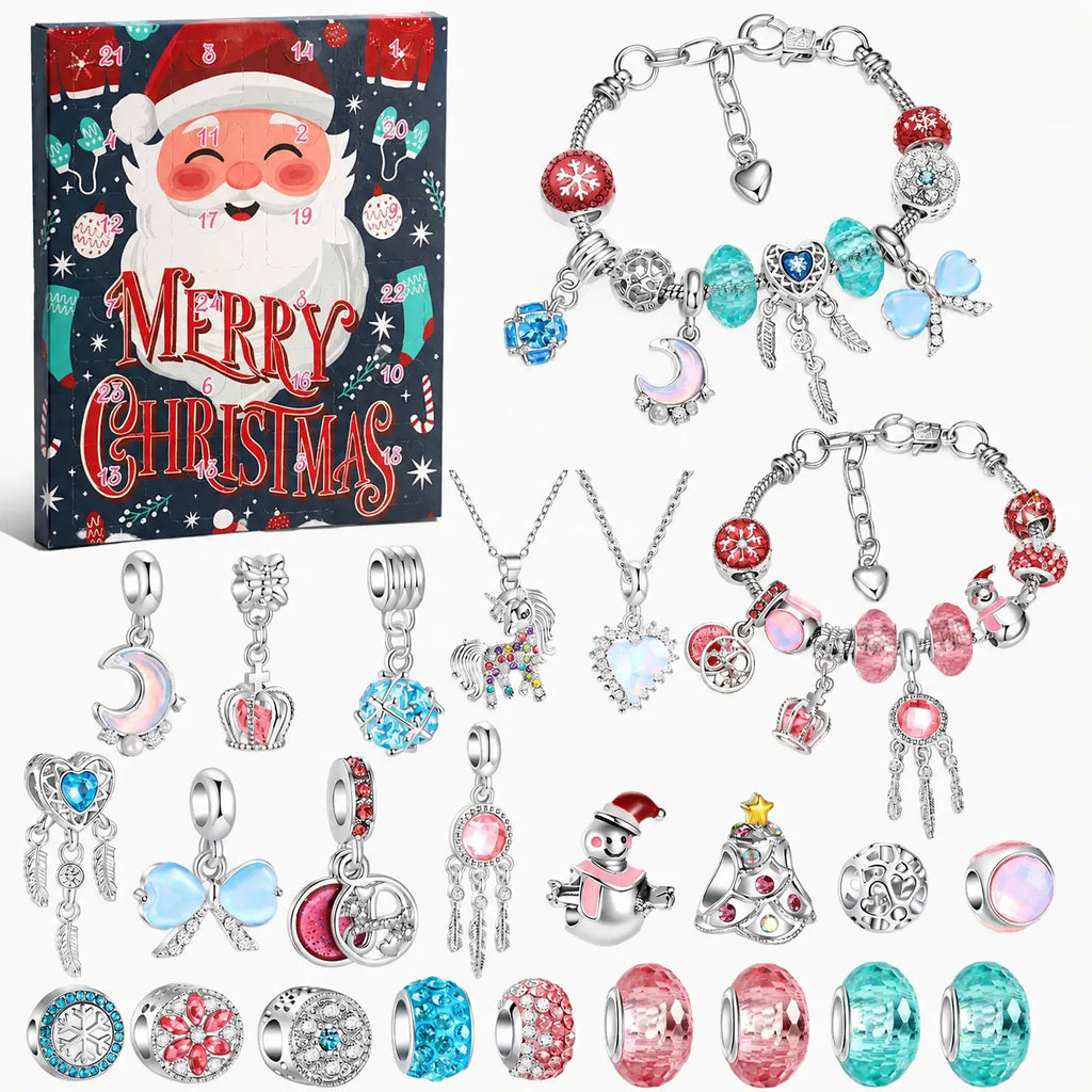 Bedelarmband Adventskalender – 2 Verzilverde Armbanden & 22 Bedels en Kralen, Sieraden Adventskalender voor Meisjes, 9 Ontwerpen Ontwerp F