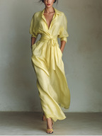 Cita | Dames Lange Maxi Jurk - Katoen-Linnenmix, Strik Taille