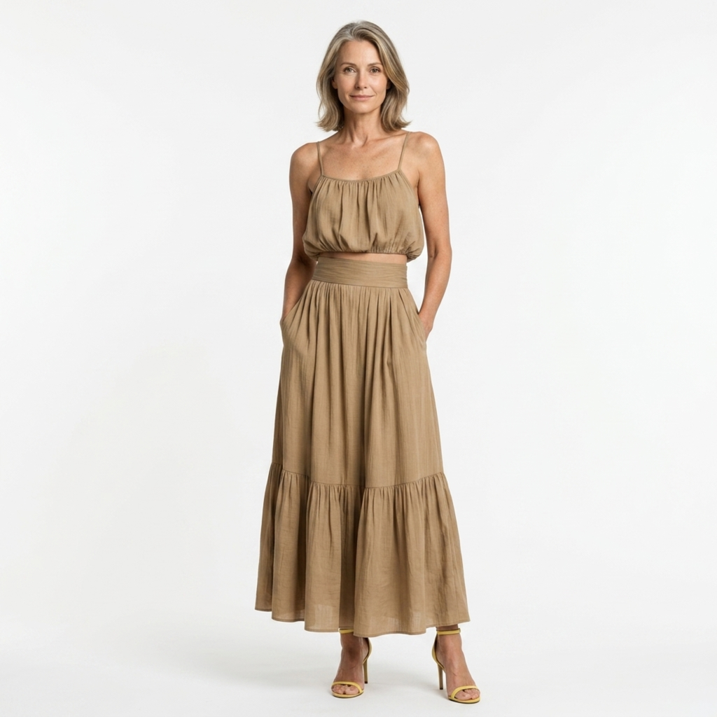 Novali | Co-ord Set Dames - Crop Top Maxi Rok Khaki