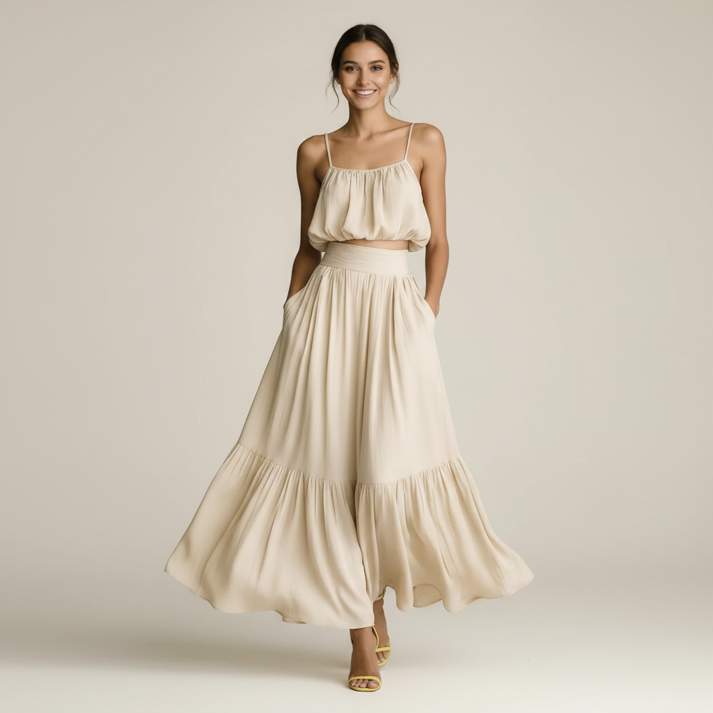 Novali | Co-ord Set Dames - Crop Top Maxi Rok Beige