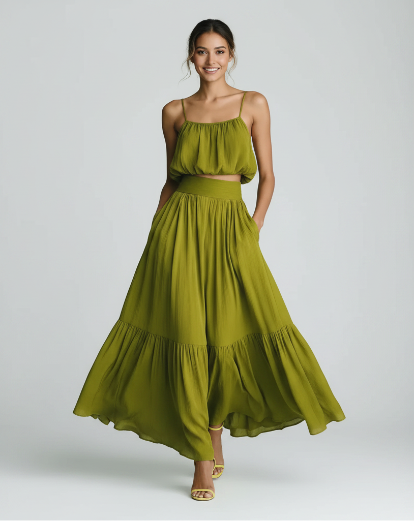 Novali | Co-ord Set Dames - Crop Top Maxi Rok Olijfgroen