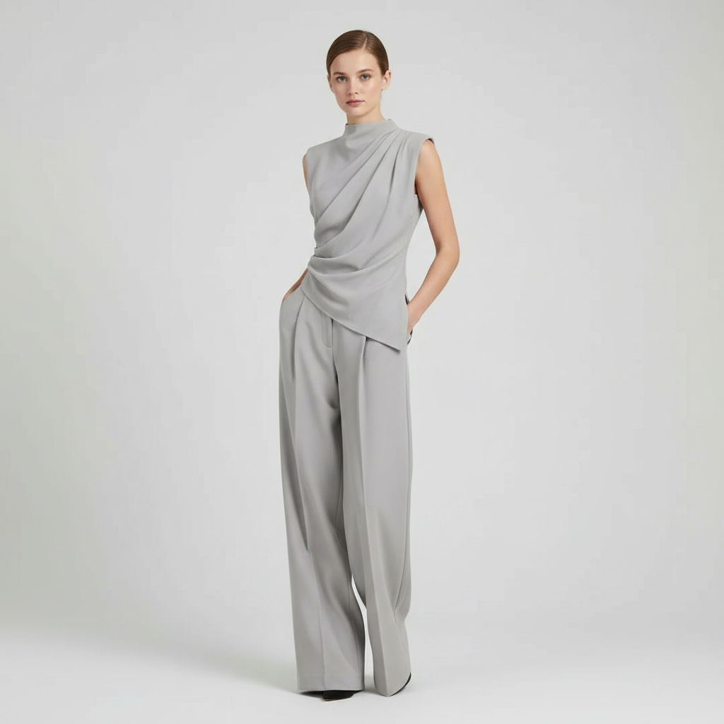 Elowen | Co-ord Set Dames - Mouwloos Wijde Pijpen Lichtgrijs