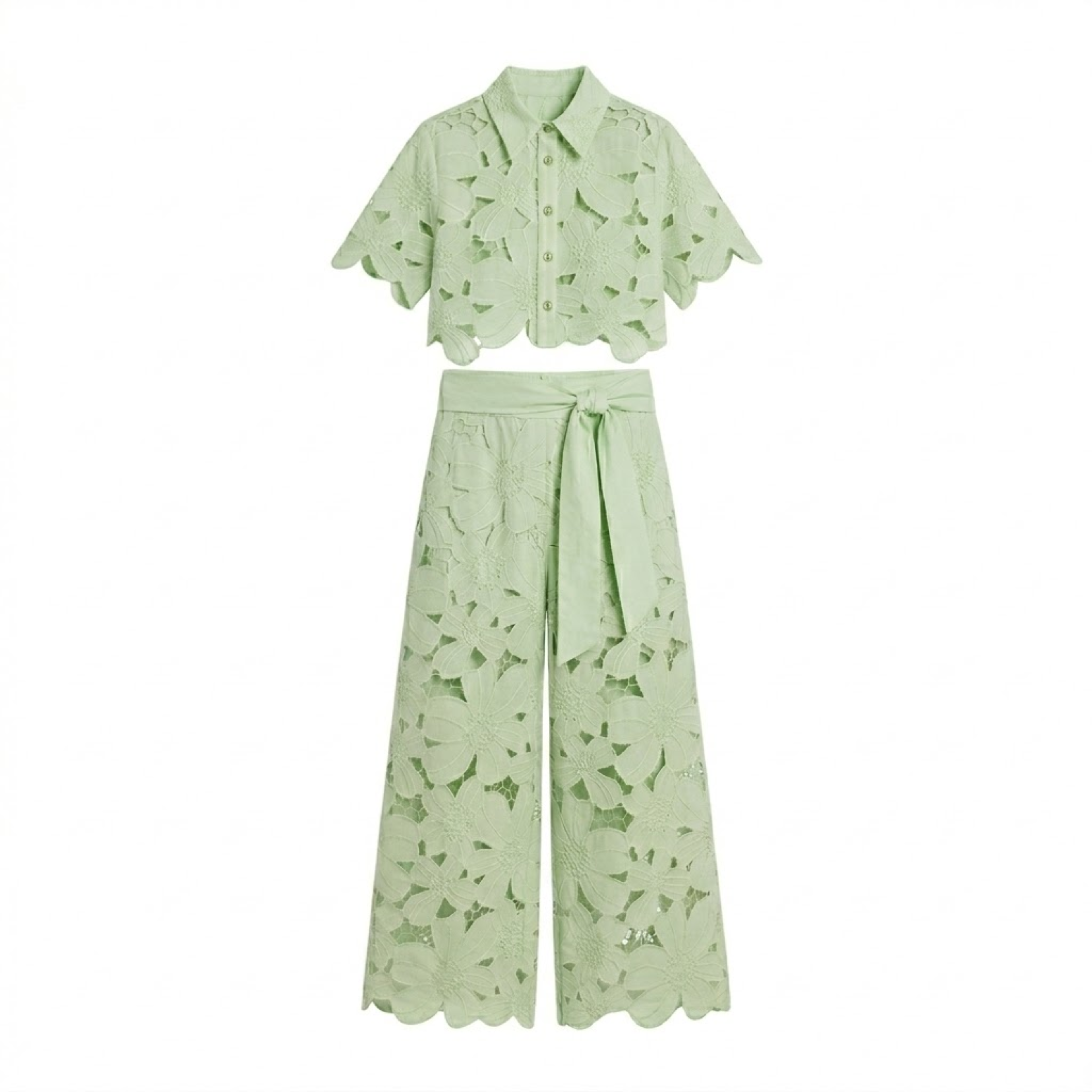 Isadora | Co-ord Set Dames - Kant - Crop Top Wijde Broek Groen