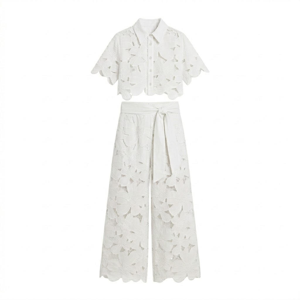 Isadora | Co-ord Set Dames - Kant - Crop Top Wijde Broek Wit