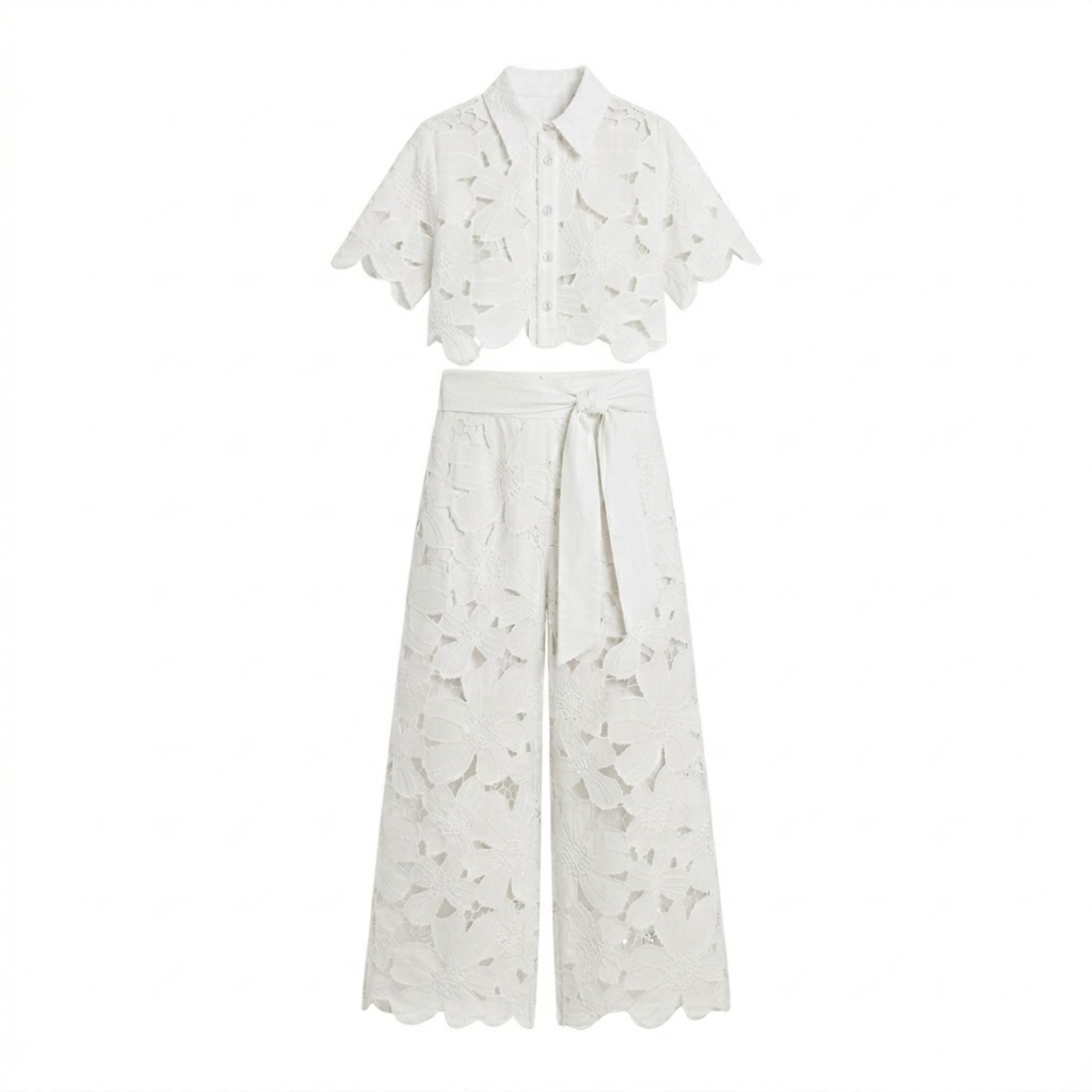 Isadora | Co-ord Set Dames - Kant - Crop Top Wijde Broek Wit