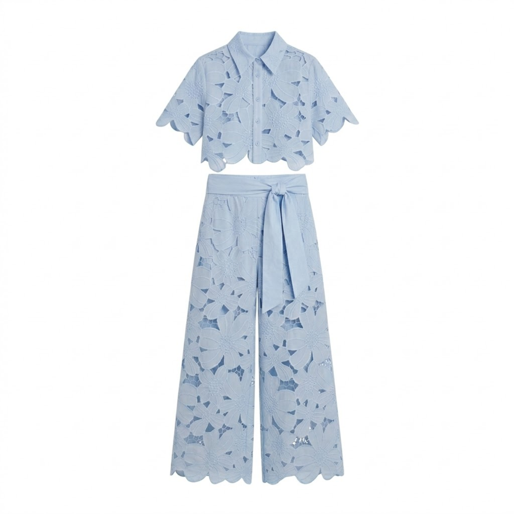 Isadora | Co-ord Set Dames - Kant - Crop Top Wijde Broek Blauw