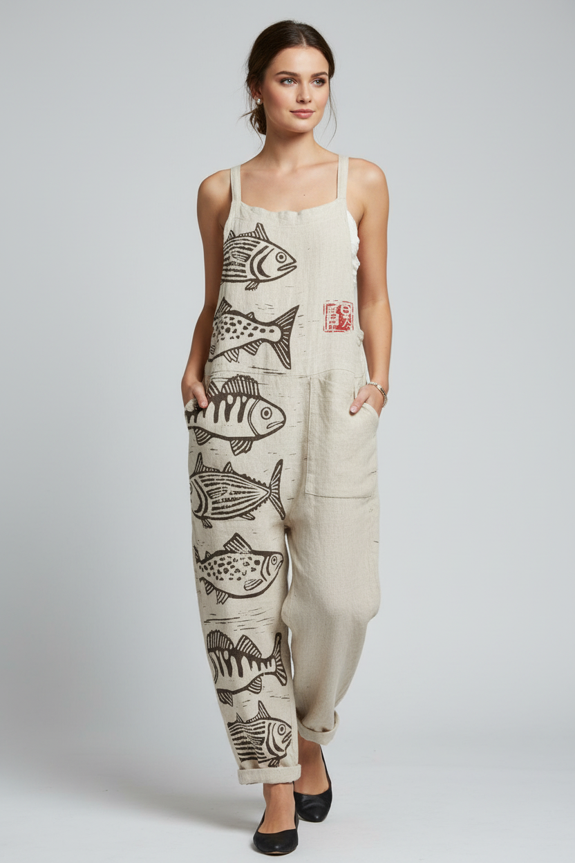Elora | Jumpsuit Dames - Beige - Vissenprint Losse Pasvorm Beige