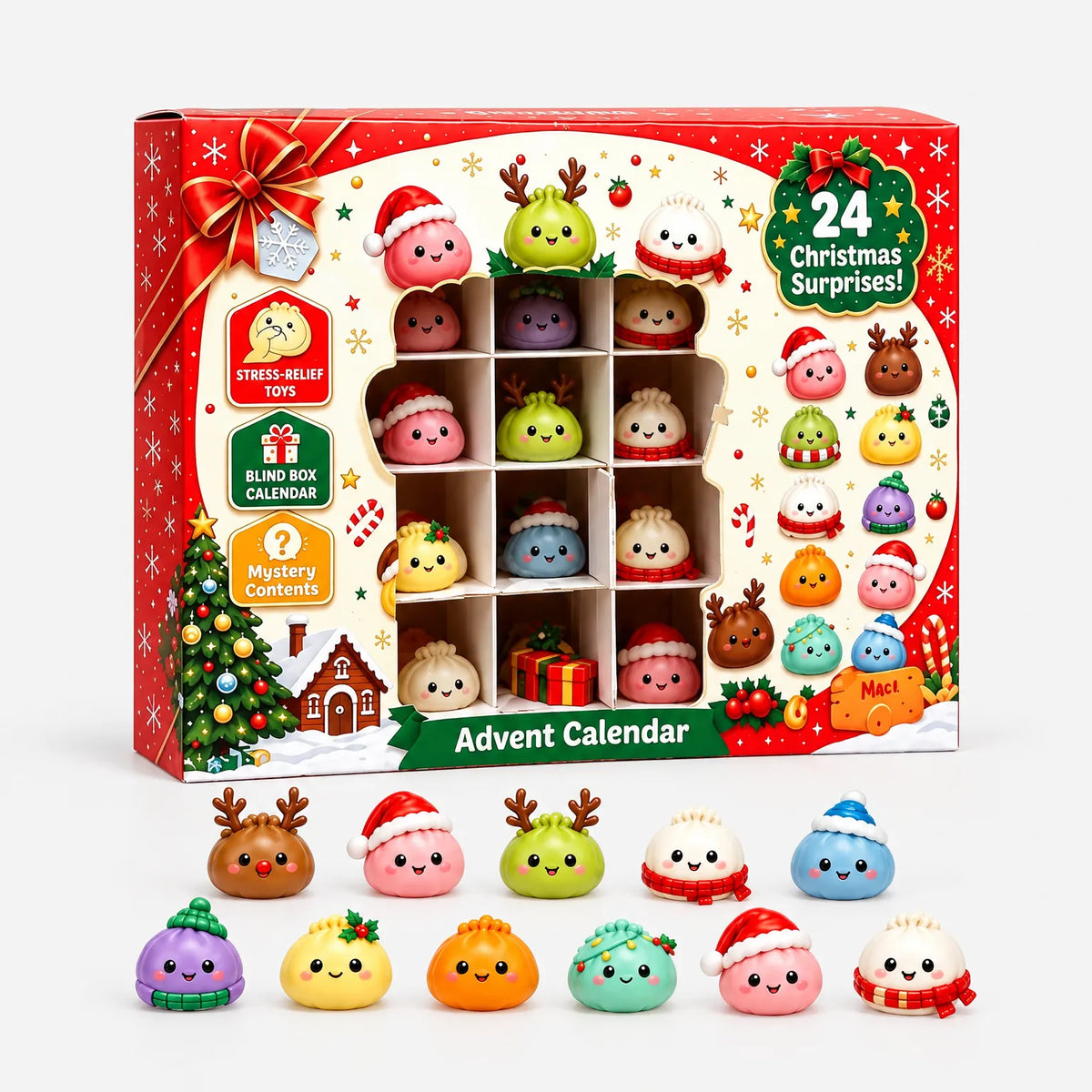 Dumpling Adventskalender – 24 Blind Box Figuurtjes in Winterdesigns, Buigbare Verzamelfiguren, Aftelkalender voor Tieners & Volwassenen Default Title