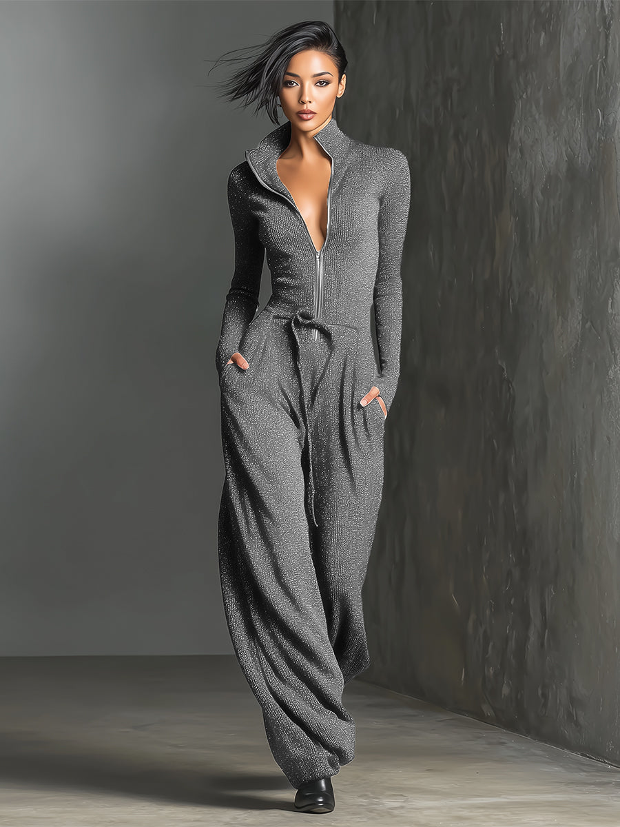 Eline | Dames Jumpsuit - Stretchy Glitterstof, Feestelijk Design Lichtgrijs