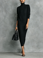 Eline | Dames Midi Jurk - Zachte Gebreide Coltrui, Lange Mouwen Zwart
