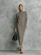 Eline | Dames Midi Jurk - Zachte Gebreide Coltrui, Lange Mouwen Taupe