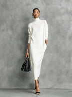 Eline | Dames Midi Jurk - Zachte Gebreide Coltrui, Lange Mouwen Wit