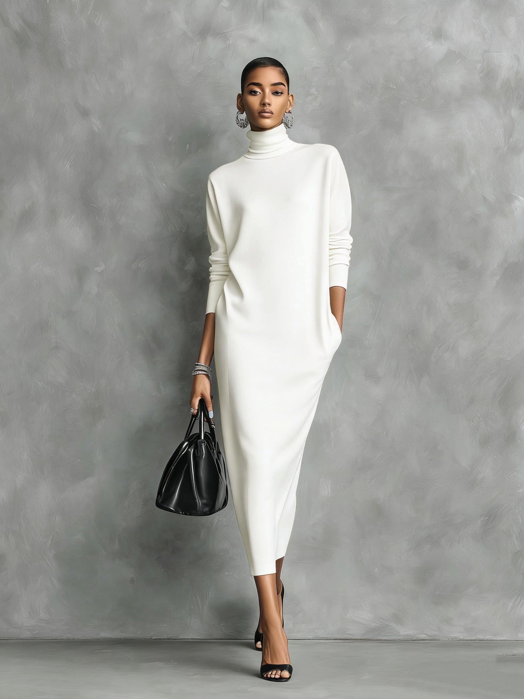 Eline | Dames Midi Jurk - Zachte Gebreide Coltrui, Lange Mouwen Wit
