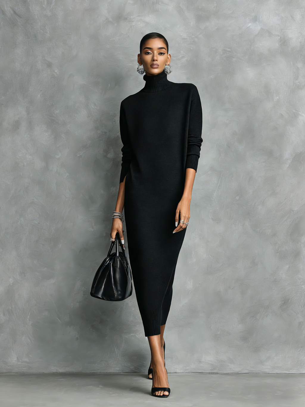 Eline | Dames Midi Jurk - Zachte Gebreide Coltrui, Lange Mouwen