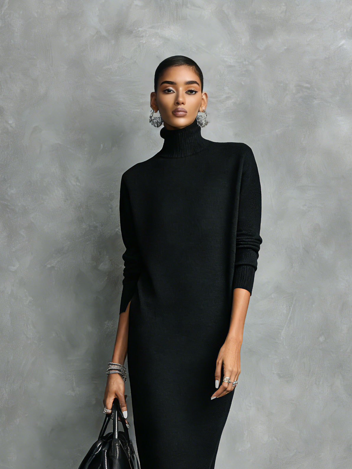 Eline | Dames Midi Jurk - Zachte Gebreide Coltrui, Lange Mouwen