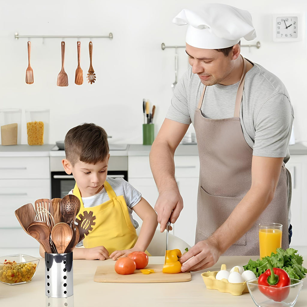 11-delige Keukengerei Set van Teakhout – Inclusief Houder – Natuurlijke Look voor de Keuken