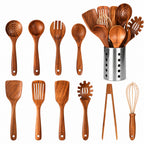 11-delige Keukengerei Set van Teakhout – Inclusief Houder – Natuurlijke Look voor de Keuken