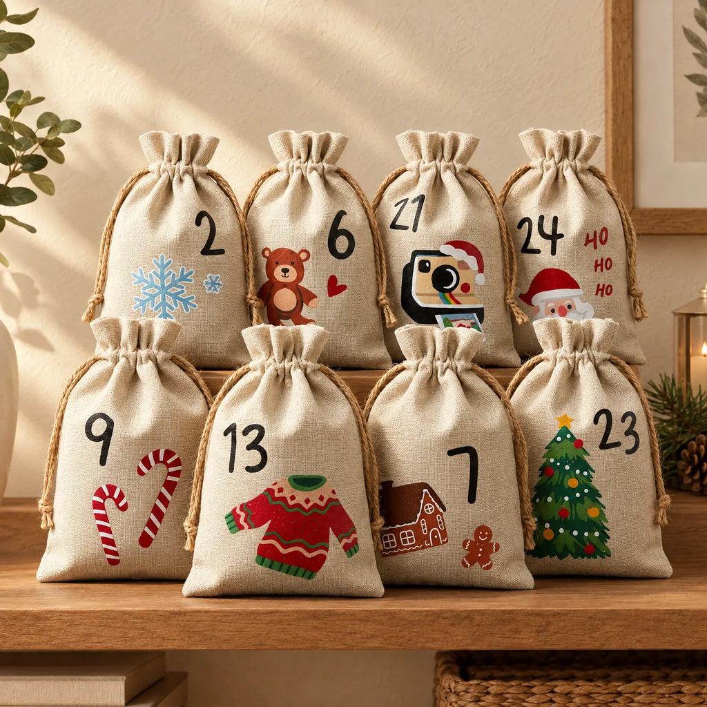 Adventskalender Zakjes om te Vullen – 24 Stoffen Zakjes met Cijfers & Trekkoord, 15 x 10 cm, Herbruikbaar