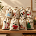 Adventskalender Zakjes om te Vullen – 24 Stoffen Zakjes met Cijfers & Trekkoord, 15 x 10 cm, Herbruikbaar