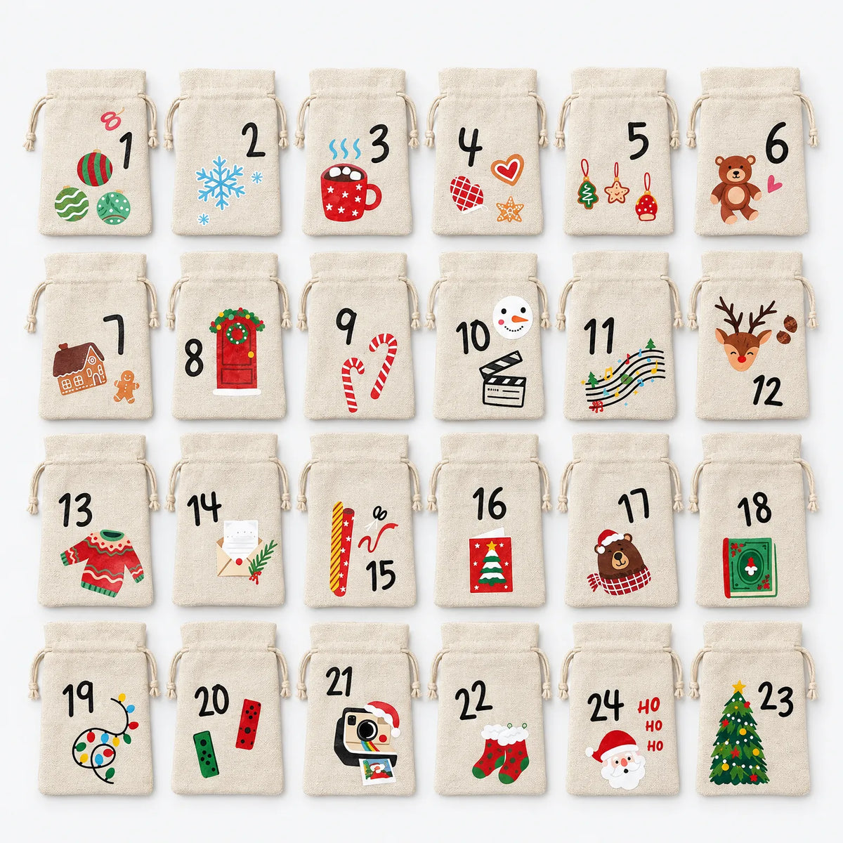 Adventskalender Zakjes om te Vullen – 24 Stoffen Zakjes met Cijfers & Trekkoord, 15 x 10 cm, Herbruikbaar Default Title