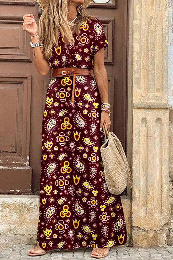 Felicity | Dames Maxi Jurk - Polyester, Paisleyprint, V-hals Wijnrood